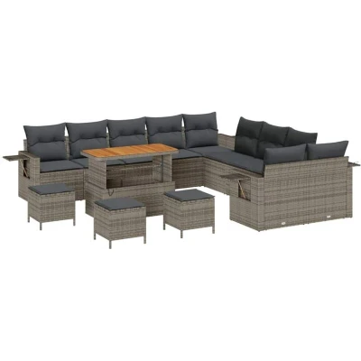 Image of vidaXL 14 Piece Garden Sofa Set with Cushions Grey Poly Rattan Acacia