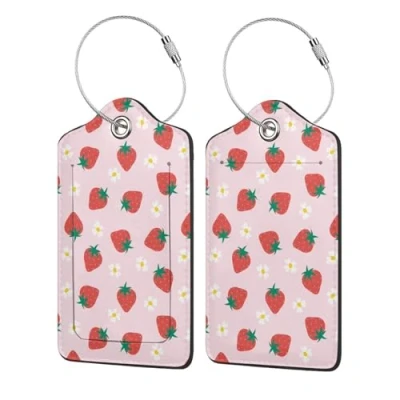 Image of Strawberry 2 Pack Luggage Tag for Suitcase Label Cute Unique Leather Tags Identifiers with PU Privacy Name Address Labels &amp; Durable Steel Loop Women Men Travel