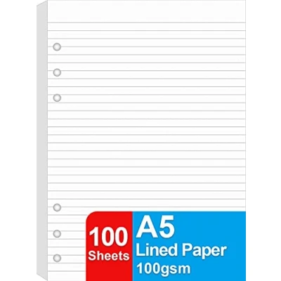 Image of A5 Lined Paper Refill, 100 Sheets/200 Pages Refill for Large Leather Journal/Filofax Binders, 6 Holes Punched, 100gsm Ruled White Filler Paper, 14.8 x 21cm