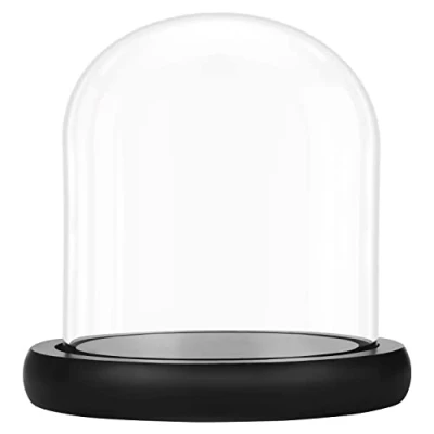 Image of Belle Vous Glass Dome Cloche Bell Jar with Black Wooden Base 10cm / 3.94 Inches Tall Clear Decorative Tabletop Display Case Tray for Fairy Lights, Centrepieces and Antiques