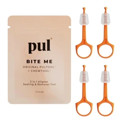 Image of PUL 2 in 1 Chewies &amp; Clear Aligner Removal Tool Combo by The Pultool Compatible with Removable Braces Trays, Aligners, Retainers Dentures Hygienic, Durable, Compact (4 Pack, Orange)