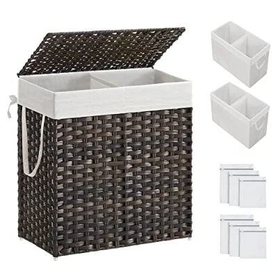 Image of SONGMICS Laundry Hamper with Lid, 110L Clothes 2 Removable Liner Bags &amp; 6 Mesh Bags, Wicker Basket, Double for Bathroom, 13 x 22.4 23.6 Inches, Brown ULCB052K02