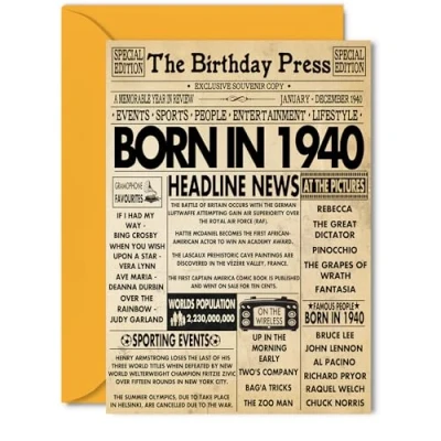 Image of 84th Birthday Cards for Women Men Born In 1940 Newspaper Happy 84 Card Grandma Grandad Nan Vintage Retro Back 1940, 5x7 Inch Eighty Four Fourth Bday Greeting