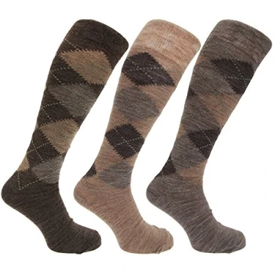 Image of Mens Traditional Argyle Pattern Long Length Lambs Wool Blend Socks (Pack Of 3), Assorted Brown Argyle, UK Shoe 6 11, EUR 39 45
