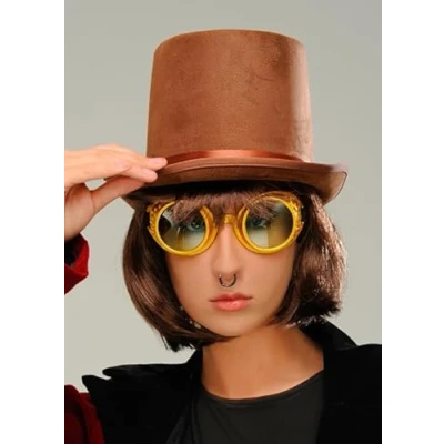 Image of Mens Willy Wonka Brown Top Hat and Goggles Costume Accessory Set