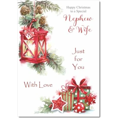 Image of doodlecards Nephew &amp; Wife Christmas Card Lamp and Parcels Medium Size with Plain Red Envelope, 21 x 15cm