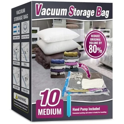 Image of Oumaru Vacuum Storage Bags for Clothes, 10 Pack Bags, Space Saver Duvets and Pillows, Hand Pump Included (Medium)
