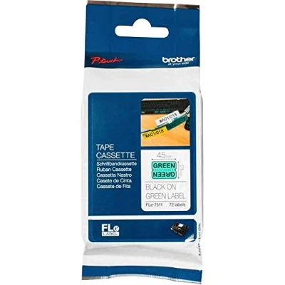 Image of Brother FLe 7511 Labelling Tape Cassette, Flag Tape, Black on Green, 21mm (W) x 45mm (L), 72 Labels, Genuine Supplies