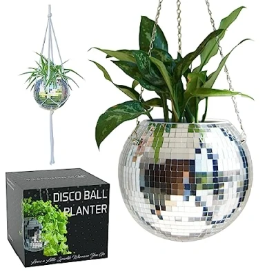 Image of SCANDINORDICA Disco Ball Planter Value Package: Mirror with Chain, Macrame Hanger and Acrylic Stand for Desk, Includes Self Watering Insert, Eclectic Home Decor 10 inch Silver
