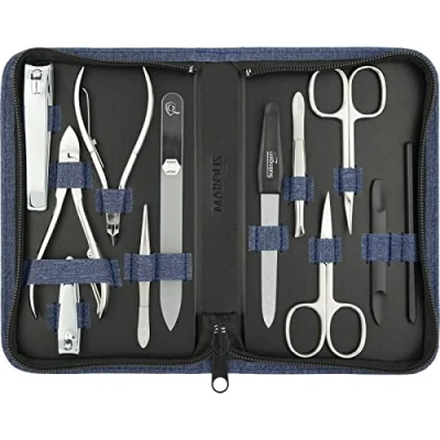 Image of marQus Manicure sets For women &amp; men, 12 pcs set from Solingen Germany incl. nail nippers glass file set, pedicure kit natural, ceramic painted nails
