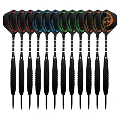 Image of Waalvis 12 Pack Steel Tip Darts Set,23 Grams Professional Metal Point Dart with Black Barrels, Aluminum Shafts,40 Flights,24 Anti loosening Rings and Extra Sharpener