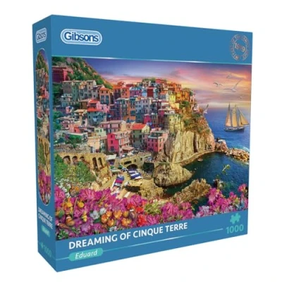 Image of Dreaming of Cinque Terre 1000 Piece Jigsaw Puzzle Sunset Sustainable for Adults Premium 100% Recycled Board Great Gift Gibsons Games