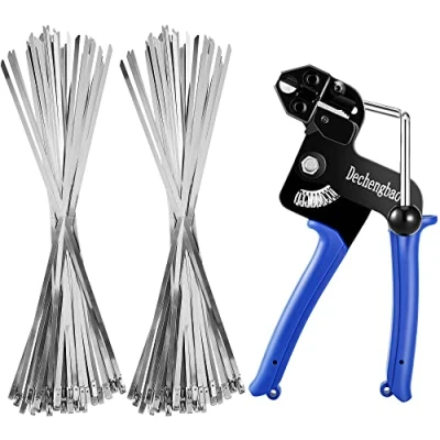 Image of 200pcs Metal tie wrap Gun Kit, Stainless Steel Cable Adjustable Tensioning and Cutting Tool with 304 Self Locking Ties of Sizes 4.6x270mm (CT03 Zip kit)