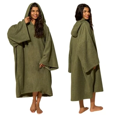 Image of Brentfords Hooded Towel Adults, Changing Robe Large Bath Surf Beach Swimming Absorbent Quick Dry Soft Microfibre Wrap for Women Men, Khaki Green
