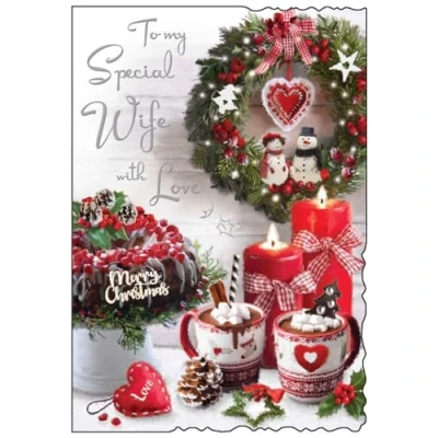 Image of Wife Christmas Card Special Winter Wreath and Hot Chocolates Artistic Festive Design Finishes Illustrated Insert Leaf Made in the UK
