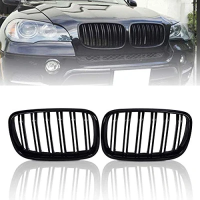 Image of E70 E71 X5 X6 07 13 Glossy Black Sport Hood Kidney Double Line Front Grille Grills Pair