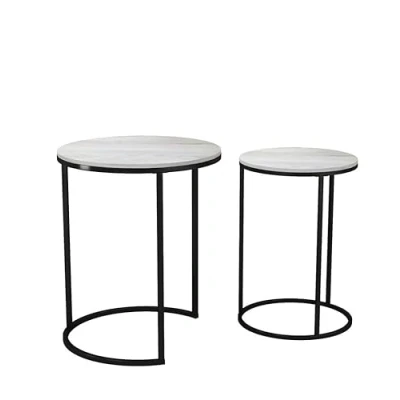 Image of URBNLIVING 2 Pcs Round Nesting Stacking Sofa Side Bedside End Tables Set White Ash Wooden Top with Black Metal Leg Modern Space Saving Accent Coffee Tea for Living Room Bedroom Office