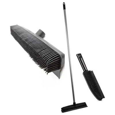 Image of Professional Rubber Broom and Hand Brush Twin Pack Ideal Pet Hair Removal Sweeping Quickly Easily Remove From Carpets &amp; Floors