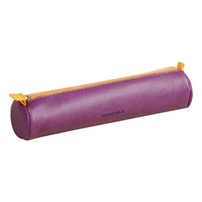 Image of RHODIA 318990C Purple Rhodiarama Round Pencil Case 21.5 x 5.5 cm Genuine Orange Stitching Ivory Jersey Interior Faux Leather Storage for Pens, Pencils, Markers, Small Supplies