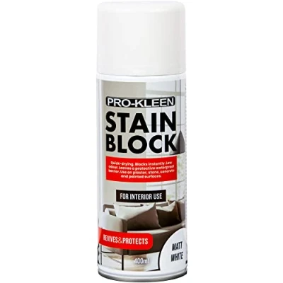 Image of Pro Kleen Stain Block Spray Paint Primer Covers Mould, Grease, Nicotine &amp; Rust Stains for Walls Ceilings Leaves a Waterproof Barrier White Matt (400ml)
