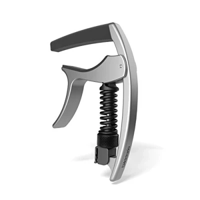 Image of D’Addario Guitar Capo NS Tri Action for 6 String Electric and Acoustic Guitars Micrometer Tension Adjustment Buzz Free, In Tune Performance Single Hand Use Integrated Pick Holder Silver