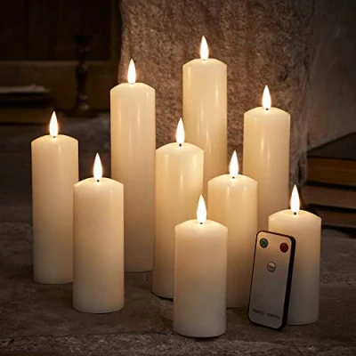 Image of Lights4fun Set of 9 Indoor Battery Operated TruGlow® LED Flameless Flickering Flame Pillar Candles Real Wax with Remote Control &amp; Timer Christmas Home Wedding Decoration