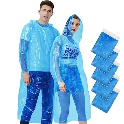 Image of Vicloon 5 Pcs Travel Raincoat Rain Jacket, Disposable Poncho for Adults, Emergency Waterproof with Drawstring Hood &amp; Elasticated Wrists (Blue 5Pcs)