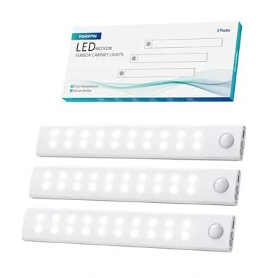 Image of Forepin Under Cabinet Kitchen Lights, 3 Pack 40 LED Motion Sensor Cupboard Lights with Magnetic Strip, 20cm USB Rechargeable Color Temperature Dimmable Night for Closet Stairs Wardrobe