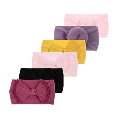 Image of Nishin 6pcs Baby Girls Elastic Nylon Headbands Newborn Knotted Ball Turban Headwrap Hair Bows for Infant Toddler (Black)