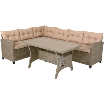 Image of CASARIA® Lisbon Polyrattan Garden Corner Lounge Dining Table Set Bench WPC Top 7cm Thick Seat Cushions Weatherproof Outdoor Patio Seating Group Furniture Cream