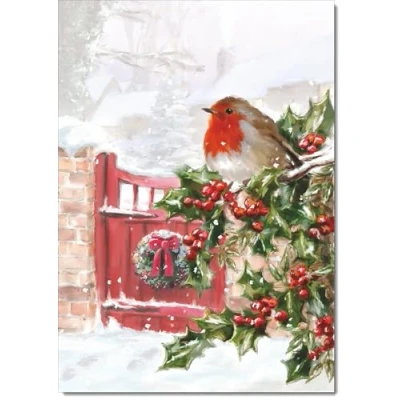 Image of doodlecards Blank Christmas Card Robin on Holly Tree Medium Size with Plain Envelope