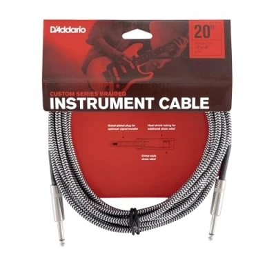 Image of D’Addario Accessories Custom Series Braided Guitar Cable Instrument with Nickel Plated ¼ Inch Ends Protects Cord Against Cuts, Kinking 20 feet Grey