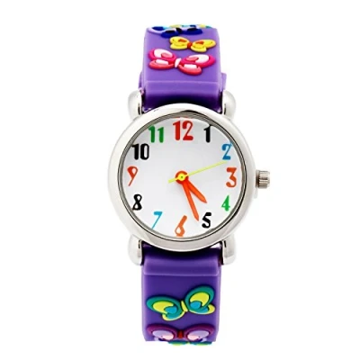 Image of Eleoption Waterproof 3D Cute Cartoon Digital Wristwatches Time Teacher Gift for Little Girls Boy Kids Children Environmental Friendly Silicone (Butterfly, Purple)