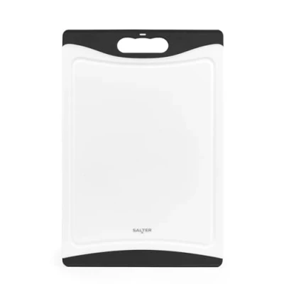 Image of Salter Plastic Chopping Board Double Sided Cutting Board, Non Slip, Easy to Clean, Dishwasher Safe, Food Preparation, Prevent Cross Contamination, Outer Groove, Meat &amp; Vegetables, Black/White