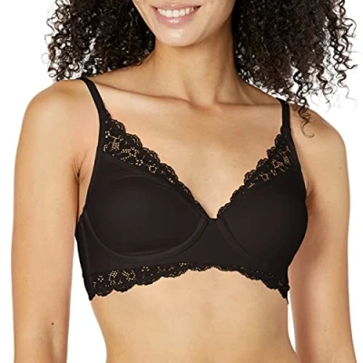 Image of MAIDENFORM Womens Wireless Bra, Pure Comfort Soft Support Longline Wirefree Comfortable Lace Black, L UK