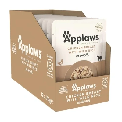 Image of Applaws 100% Natural Wet Cat Food Pouch, Chicken with Wild Rice in Broth 70 g Pouches (Pack of 12)