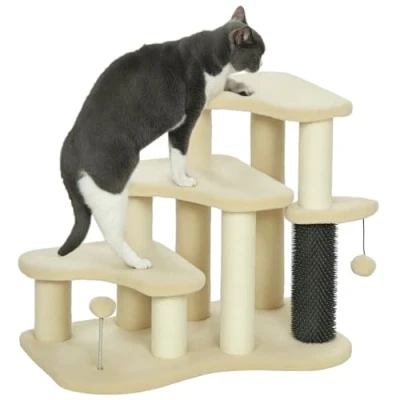 Image of PawHut 50cm Cat Tree for Indoor Cats, 2 in 1 Tower, 3 Step Dog Pet Stairs, Climber Ladder Bed, Sofa, Couch, with Scratching Posts, Tickling Post, Toy Balls, Beige