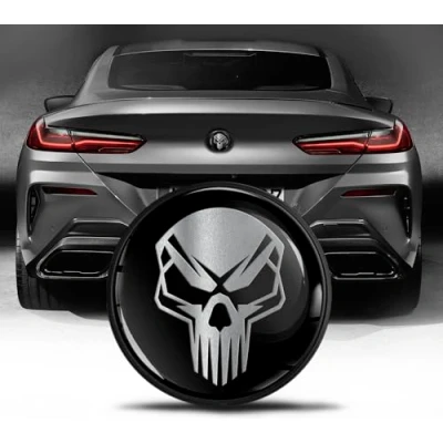 Image of Biomar Labs Rear Trunk Tuning Badge 74mm Compatible with BMW Emblem Bonnet Boot 51148219237 Black Silver Skull EZ 19