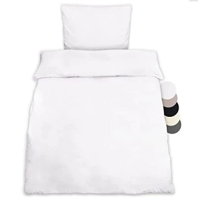 Image of Beautissu Single Bedding Set 155x220 cm Julie 1 Duvet Cover 100% Cotton for a Bed with Pillowcase &amp; Blanket White