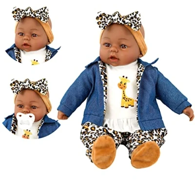Image of Bibi Doll 18&quot; Lifelike Large Soft Bodied Black Baby With Dummy &amp; Sounds Girls Boys Toy (Ethnic Girl In Animal Print)