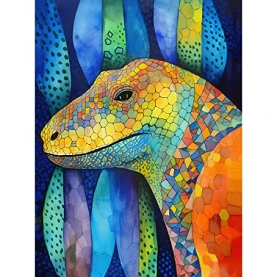 Image of Artery8 Komodo Dragon Vibrant Folk Art Watercolour Painting Unframed Wall Print Poster Home Decor Premium