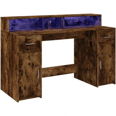 Image of vidaXL Desk with LED Lights Smoked Oak Engineered Wood, Ample Storage, Gaming/Working Table, 140 x 55 91 cm