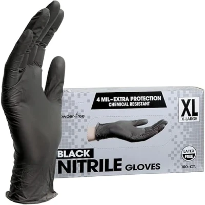 Image of PROMART Disposable Nitrile Gloves Black, Chemical Resistant, Powder Free, Latex Non Sterile, Food Safe, Black,100 Count (100, XL)