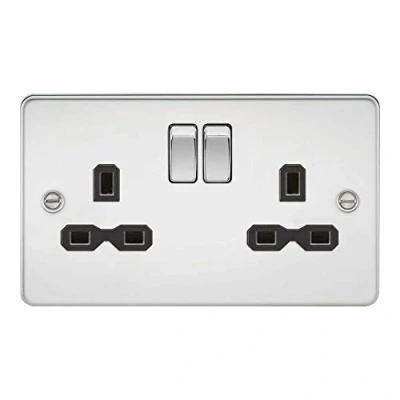 Image of Knightsbridge FPR9000PC Flat Plate DP Switched Socket, Polished Chrome with Black Insert, 13 A, 2G