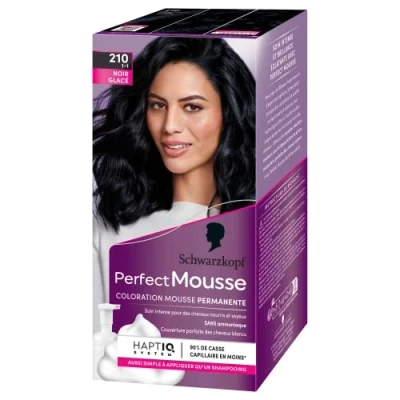 Image of Schwarzkopf Perfect Mousse Black Hair Colour Permanent Ammonia Free Foam Easy Application Coverage 98% Natural Ingredients 210