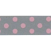 Image of Berisfords 15 mm Polka Dot Spotty Grosgrain Ribbon, Grey/Pink