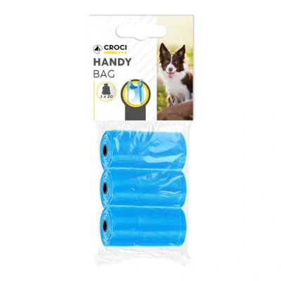 Image of Croci Hygienic bags for dog waste, 3 rolls total 60 bags, with handles, light blue