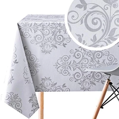 Image of KP HOME PVC Wipe Clean Tablecloth Rectangle Oilcloth 118 X 55 in 300 140 cm orient Baroque Oil Cloth Table Plastic Wipeable Dinning Waterproof Cover Silver Grey
