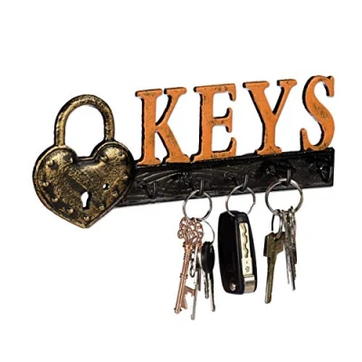 Image of Relaxdays Wall Mounted Key Holder, 5 Cast Iron Hooks, Heart Shape, Vintage Design, H x W D 10x26x3 cm, Orange/Black, Pack of 1,10028984