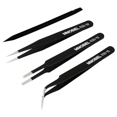Image of MMOBIEL 3X Industrial Precision ESD Tweezers Anti Static Stainless Steel for Electronics Tools, Jewelry, Computer, Laboratory Work, Crafts and Hobbies etc. Incl. Plastic Pry Tool